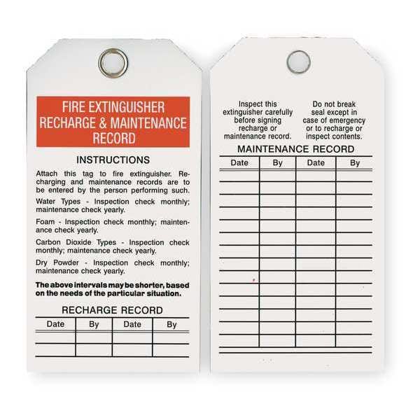Zoro Select Tag, Fire Extinguisher Recharge & Maintenance Record, 5 3/4 in W x 3 in H, Polyester, White, 25 Pack - 2RMX5