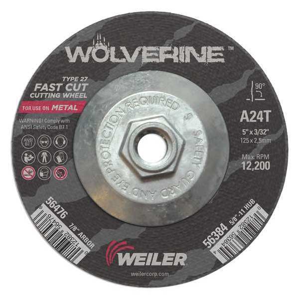 Weiler Cutting Wheel, Type 27, 5 in Dia, 0.0938 in Thick, 5/8 in-11 UNC Nut Arbor Hole Size - 56384