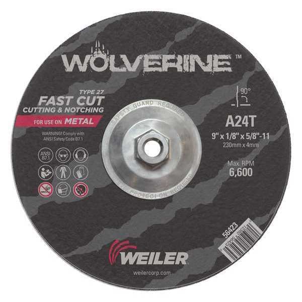 Weiler Cutting Wheel, Type 27, 9 in Dia, 0.125 in Thick, 5/8 in-11 UNC Nut Arbor Hole Size, Aluminum Oxide - 56423