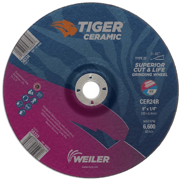 Weiler 9" x 1/4" TIGER CERAMIC Type 27 Grinding Wheel CER24R 7/8 A.H. - 58333