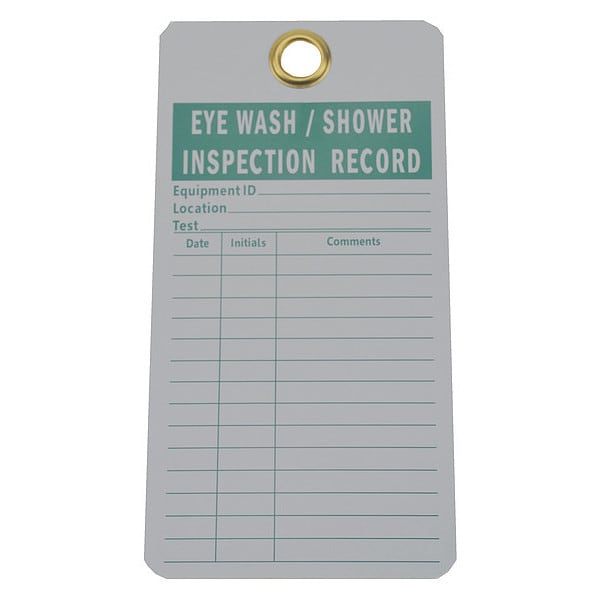 Zoro Select Tag. Emergency Eyewash & Shower Inspection Record, Cardstock, 5 x 3, White Tag/Green Legend, PK25 - 8Z511