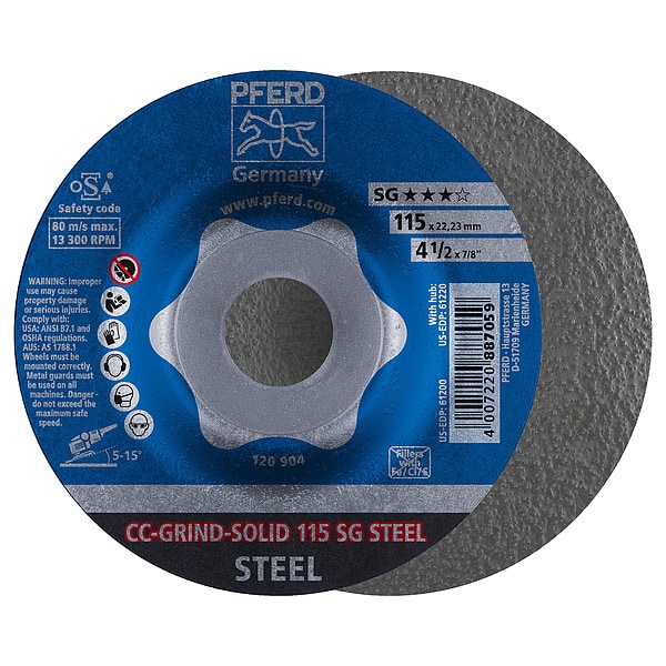 Pferd Depressed Center Grinding Wheel, Type 27, 4 1/2 in Dia, 0.125 in Thick, 7/8 in Arbor Hole Size - 61200