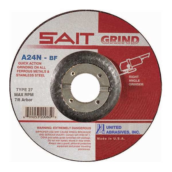 United Abrasives/Sait Depressed Center Grinding Wheel, Type 27, 4 in Dia, 0.25 in Thick, 5/8 in Arbor Hole Size, 60 Grit - 20013