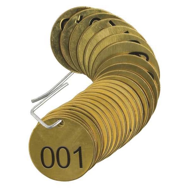 Brady Numbered Tag, Brass, 1 1/2 in H x 1 1/2 in W, 1 1/2 in Dia., Brass, Round, 25 PK - 23200