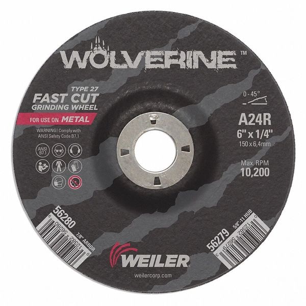 Weiler Grinding Wheel, Type 27, 6 in Dia, 1/4 in Thick, 7/8 in Arbor Hole Size, Aluminum Oxide - 56280