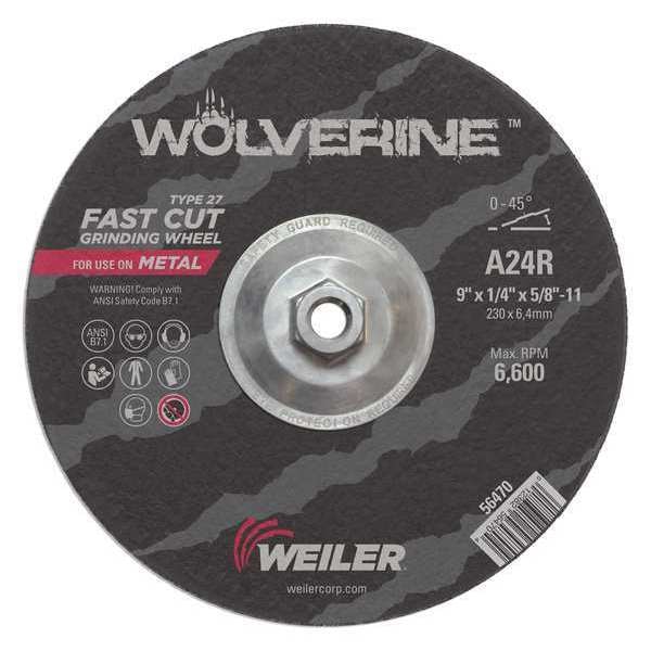 Weiler Grinding Wheel, Type 27, 9 in Dia, 1/4 in Thick, 5/8 in-11 UNC Nut Arbor Hole Size, Aluminum Oxide - 56470