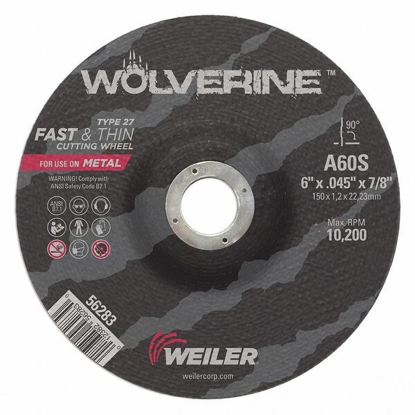 Weiler Cutting Wheel, Type 27, 6 in Dia, 0.045 in Thick, 7/8 in Arbor Hole Size, Aluminum Oxide - 56283