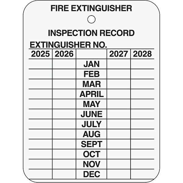 Zoro Select Tag, Fire Extinguisher, Aluminum, 3 in H x 2 1/4 in W, Silver, Rectangle, 10 PK - 35TJ49