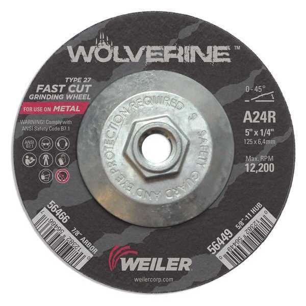 Weiler Grinding Wheel, Type 27, 5 in Dia, 1/4 in Thick, 5/8 in-11 UNC Nut Arbor Hole Size, Aluminum Oxide - 56449