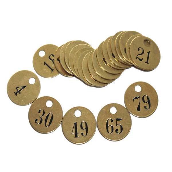 Zoro Select Pre-Numbered Tag, Brass, 1 in W, 1 in Dia., Yellow, Round, 25 PK - 20Y530