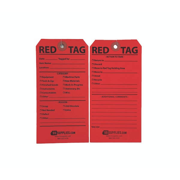 5S Supplies Red Tag, 3 1/4 in W, Red/Black, Rectangle, 100 PK - 5SRDTG-100