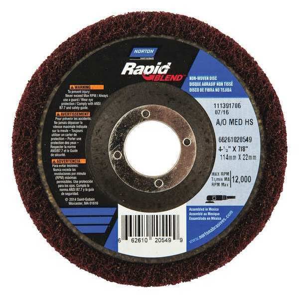 Norton Abrasives Non-Woven Depressed Center Disc, Type 27, 4 1/2 in Dia, 1/2 in Thick, 7/8 in Arbor Hole Size - 66261020549