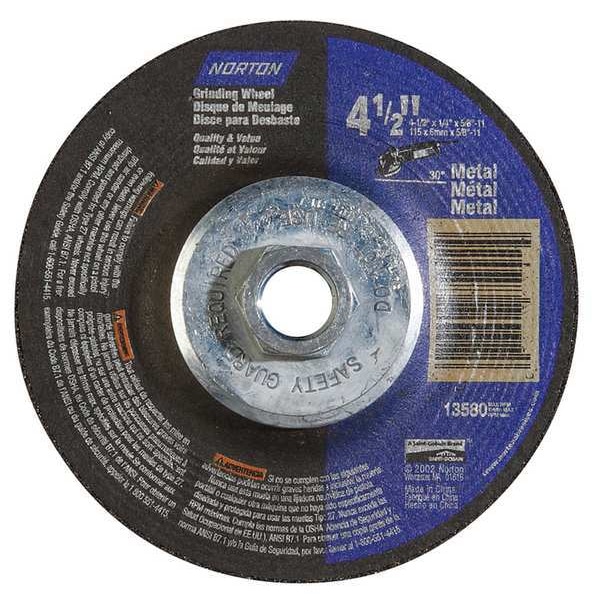 Norton Abrasives Depressed Center Grinding Wheel, Type 27, 4 1/2 in Dia, 0.25 in Thick, 5/8"-11 Arbor Hole Size - 66252843605