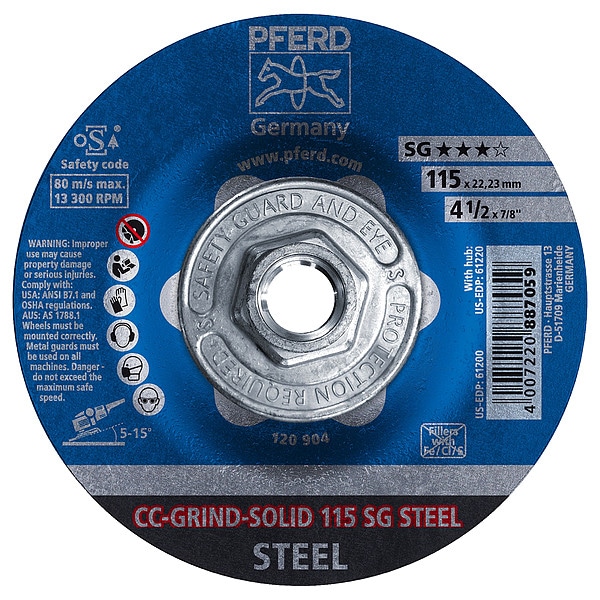 Pferd Depressed Center Grinding Wheel, Type 27, 4 1/2 in Dia, 0.125 in Thick, 5/8"-11 Arbor Hole Size - 61220