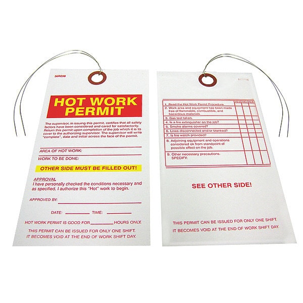 Zoro Select Hot Work Permit Tag, Hot Work Permit, Paper, 5 3/4 in H x 3 3/16 in W, White, Rectangle, 25 PK - 36RE98