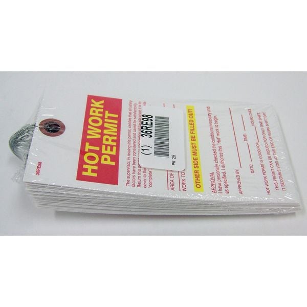 Zoro Select Hot Work Permit Tag, Hot Work Permit, Paper, 5 3/4 in H x 3 3/16 in W, White, Rectangle, 25 PK - 36RE98