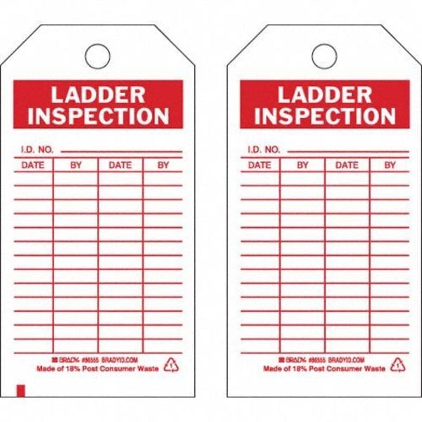 Brady Tag, Inspection, Polyester, 5 3/4 in H x 3 in W, Red on White, Rectangle, 10 PK - 86555