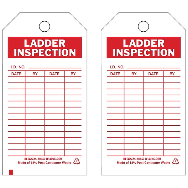 Brady Tag, Inspection, Polyester, 5 3/4 in H x 3 in W, Red on White, Rectangle, 10 PK - 86555