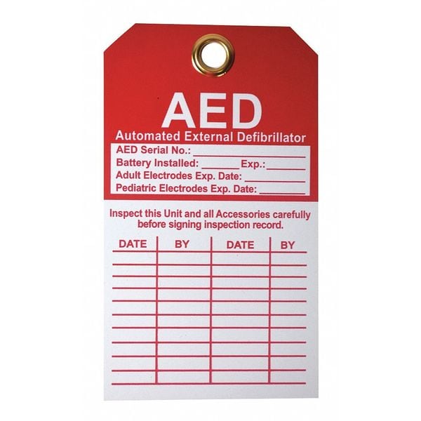 Zoro Select Tag, AED, Cardstock, 5 in H x 4 in W, White, Rectangle - 38N693