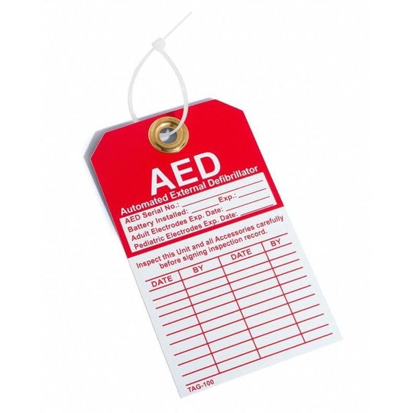 Zoro Select Tag, AED, Cardstock, 5 in H x 4 in W, White, Rectangle - 38N693