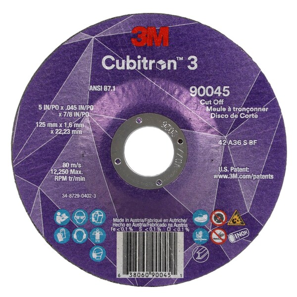3M Cubitron Cut-Off Wheel, Type 27, 5 in Dia, 0.045 in Thick, 7/8 in Arbor Hole Size, Ceramic, 36 Grit - 90045