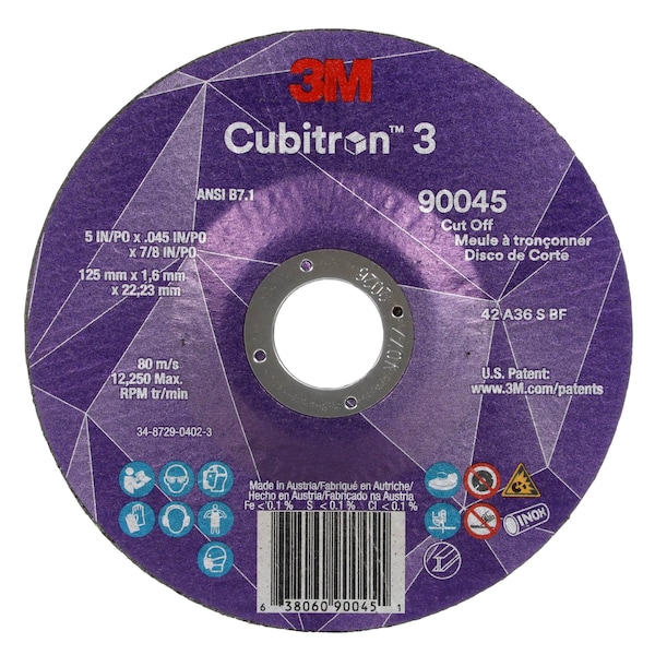 3M Cubitron Cut-Off Wheel, Type 27, 5 in Dia, 0.045 in Thick, 7/8 in Arbor Hole Size, Ceramic, 36 Grit - 90045