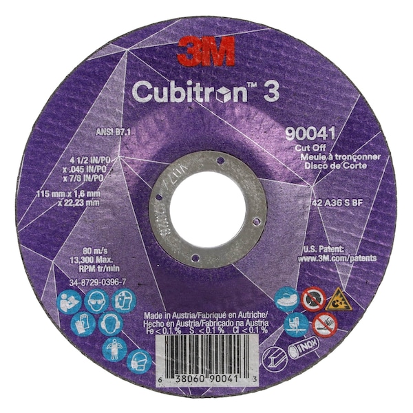 3M Cubitron Cut-Off Wheel, Type 27, 4 1/2 in Dia, 0.045 in Thick, 7/8 in Arbor Hole Size, Ceramic, 36 Grit - 90041
