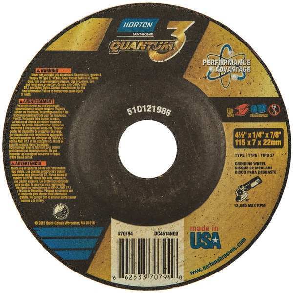Norton Abrasives Depressed Center Grinding Wheel, Type 27, 4 1/2 in Dia, 0.25 in Thick, 7/8 in Arbor Hole Size - 66253370794