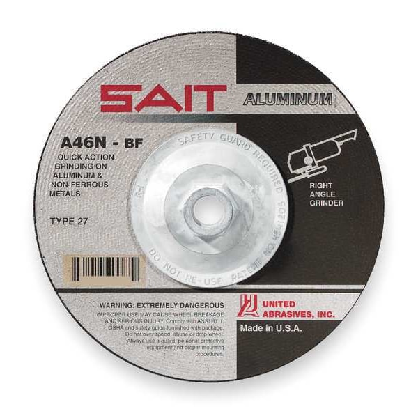 United Abrasives/Sait Depressed Center Grinding Wheel, Type 27, 4 1/2 in Dia, 0.25 in Thick, 5/8"-11 Arbor Hole Size - 20162
