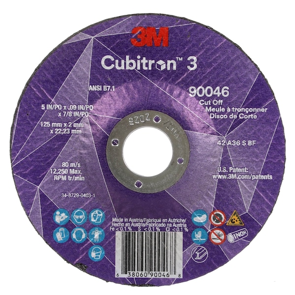 3M Cubitron Cut-Off Wheel, Type 27, 5 in Dia, 0.09 in Thick, 7/8 in Arbor Hole Size, Ceramic, 36 Grit - 90046