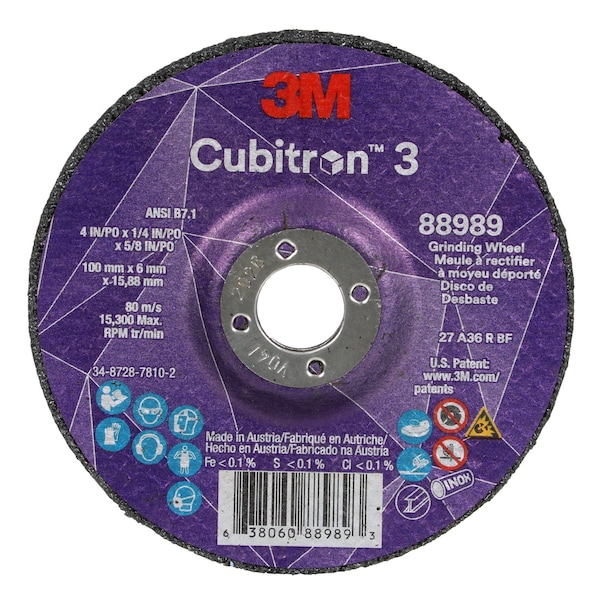 3M Cubitron Depressed Center Grinding Wheel, Type 27, 4 in Dia, 0.25 in Thick, 5/8 in Arbor Hole Size, Ceramic - 88989