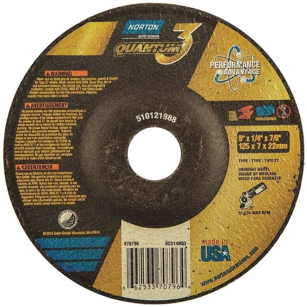 Norton Abrasives Depressed Center Grinding Wheel, Type 27, 5 in Dia, 0.25 in Thick, 7/8 in Arbor Hole Size, Ceramic - 66253370796