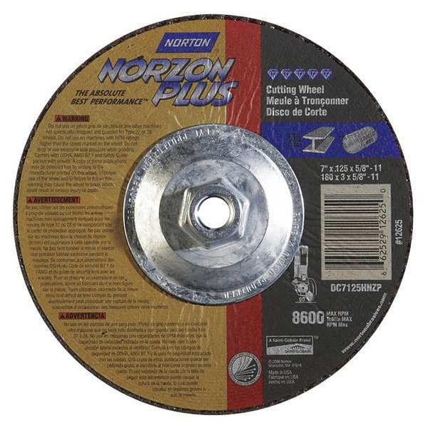 Norton Abrasives Depressed Center Cut-Off Wheel, Type 27, 7 in Dia, 0.125 in Thick, 5/8"-11 Arbor Hole Size, Ceramic - 66252912625