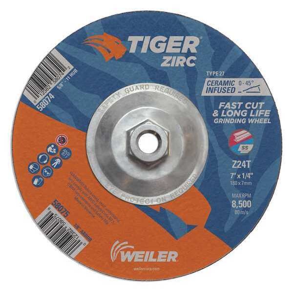 Tiger Zirc Grinding Wheel, Type 27, 7 in Dia, 1/4 in Thick, 5/8 in-11 UNC Nut Arbor Hole Size - 58074