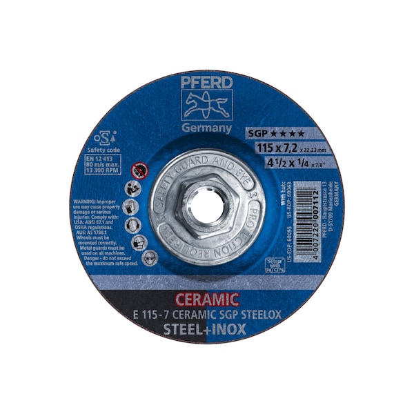 Pferd Grinding Wheel, T27, 4-1/2"x1/4", Type 27, 4-1/2 in Dia, 1/4 in Thick, 5/8 in-11 Arbor Hole Size - 60063