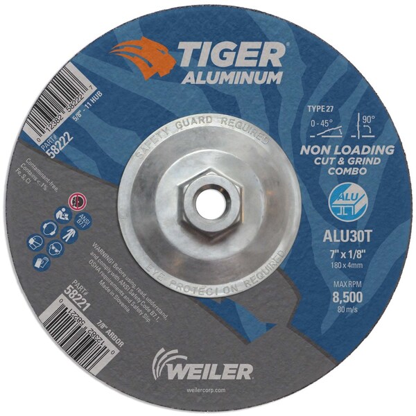 Weiler 7 in Dia, 1/8 in Thick, 5/8 in-11 UNC Arbor Hole Size, Aluminum Oxide, 30 Grit - 58222