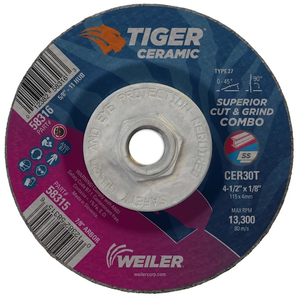 Weiler 4-1/2 in Dia, 1/8 in Thick, 5/8 in-11 UNC Arbor Hole Size, Ceramic, 30 Grit - 58316