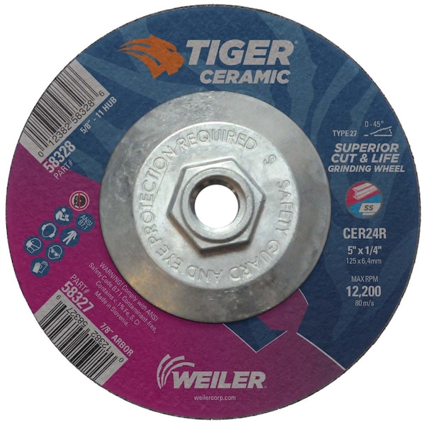 Weiler 5 in Dia, 1/4 in Thick, 5/8 in-11 UNC Arbor Hole Size, Ceramic, 24 Grit - 58328