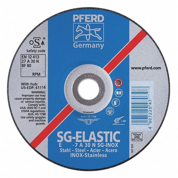 Pferd Depressed Center Grinding Wheel, Type 27, 4 1/2 in Dia, 0.25 in Thick, 5/8"-11 Arbor Hole Size - 61114