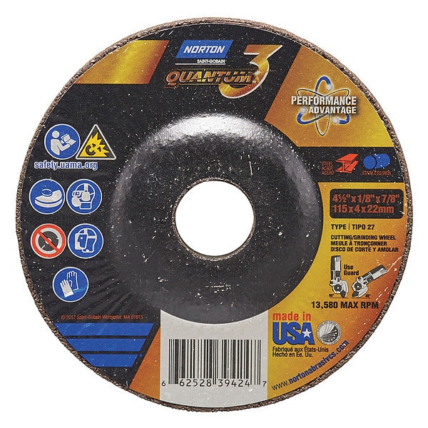 Norton Abrasives Cut-Off & Grinding Wheel, Type 27, 4 1/2 in Dia, 0.125 in Thick, 7/8 in Arbor Hole Size, Ceramic - 66252839424