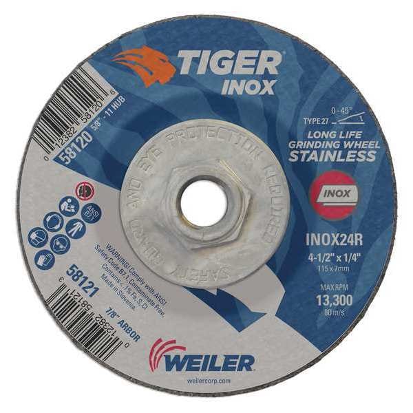 Tiger Inox Grinding Wheel, Type 27, 4 1/2 in Dia, 1/4 in Thick, 5/8 in-11 UNC Nut Arbor Hole Size - 58120