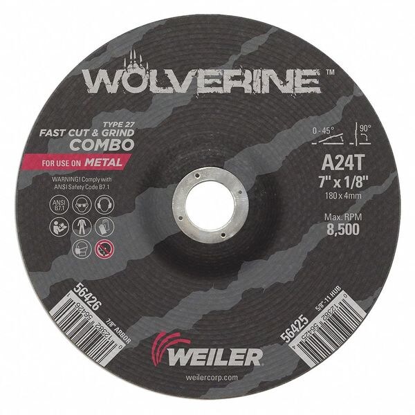 Weiler Cutting Wheel, Type 27, 7 in Dia, 0.125 in Thick, 7/8 in Arbor Hole Size, Aluminum Oxide - 56426