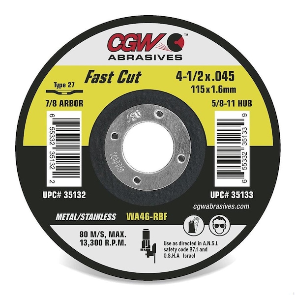 Cgw Abrasives Quickie Cut Fast Cut Thin Depressed Center Wheel, 4-1/2 in Dia x 0.045 in THK, 46 Grit, White Alumin - 35133