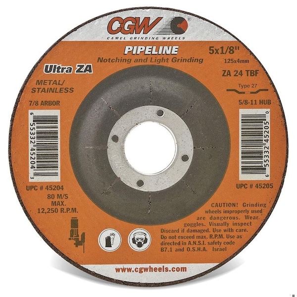 Cgw Abrasives Flat Depressed Center Wheel, 4-1/2 in Dia x 1/8 in THK, 24 Grit, Aluminum Oxide Abrasive - 35664