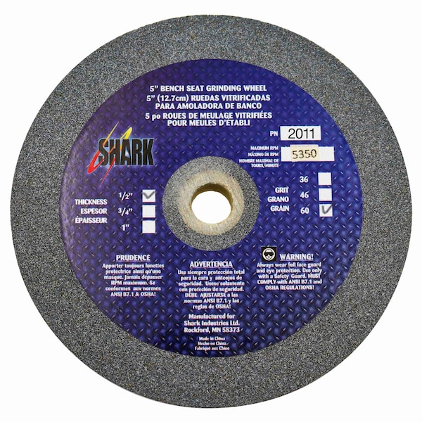 Shark Industries 5-in. x 1/2-in. x 1/2-in. Bench Seat Grinding Wheel 60 Grit, Aluminum Oxide - 2011