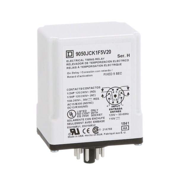 Relevador de tiempo Schneider Electric, Tipo JCK, tipo plug in, retardo de encendido, tiempo fijo, 5 segundos, 10A, 240 VCA, 120 VCA/110 VCC - 9050JCK1F5V20