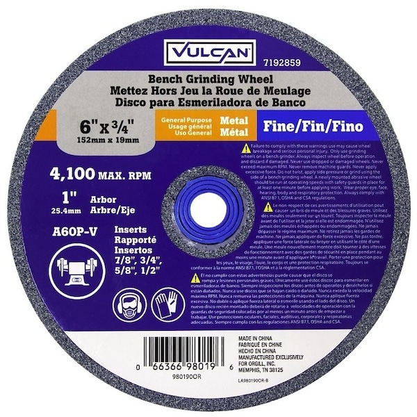 Vulcan Vulcan Straight Bench Grinding Wheel, 6 In Dia, 1 In, 6 Grit, Fine Grade, 4100 Rpm, Aluminum Oxide - 980190OR