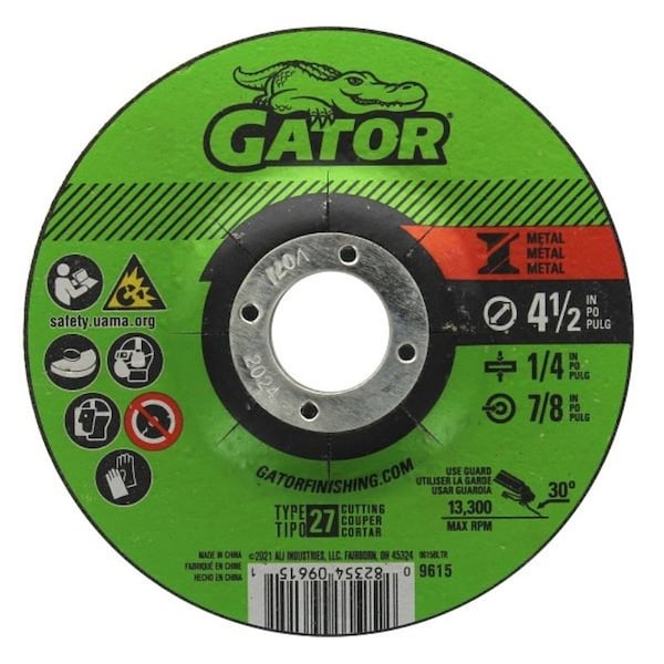 Gator Grinding Wheel, 4-1/2 in Dia, 1/4 in Thick, 7/8 in Arbor, Aluminum Oxide Abrasive - 9615