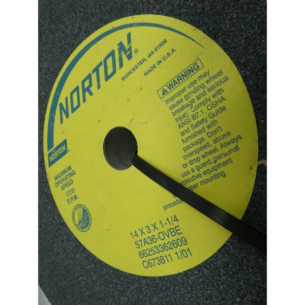 Norton Co 1800RPM 1-1/4IN 14IN 3IN GRINDING WHEEL - 57A36-OVBE 66253362609