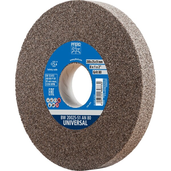 Pferd PFERD Vitrified Bench Wheel, UNIVERSAL, 8" x 1 x 2, 80 Grit, Aluminum Oxide - 61767